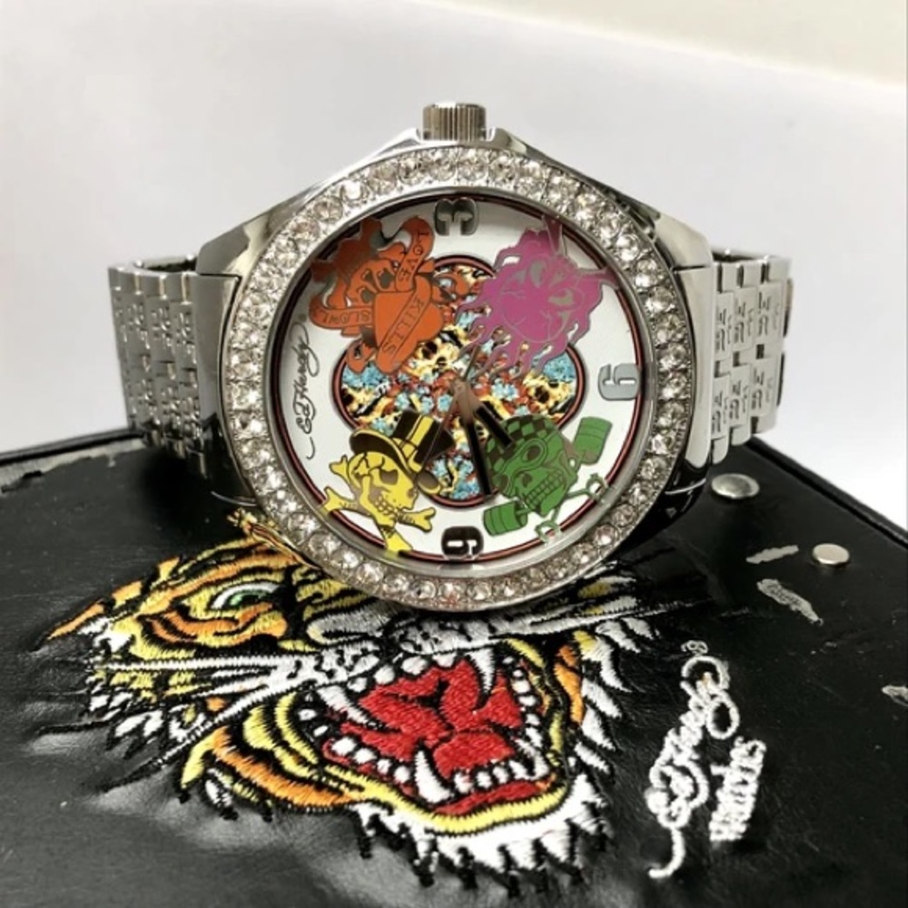 ED HARDY By Christian Audigier LmtEd Quartz 54mm Steel Watch ‘Love Kills Slowly’